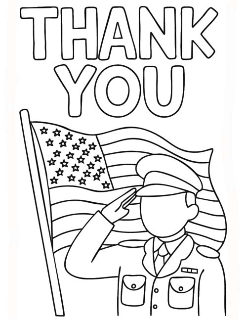 coloring page of a serviceman saluting the US flag