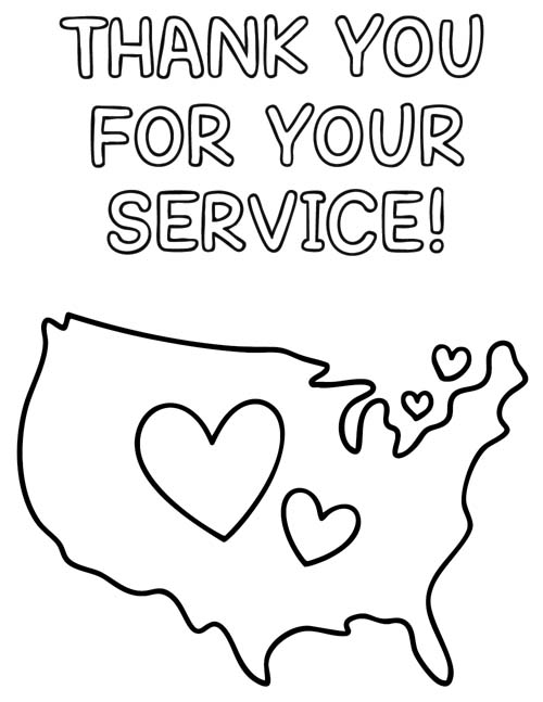 word art coloring page of the USA and the words Thank you for your service!