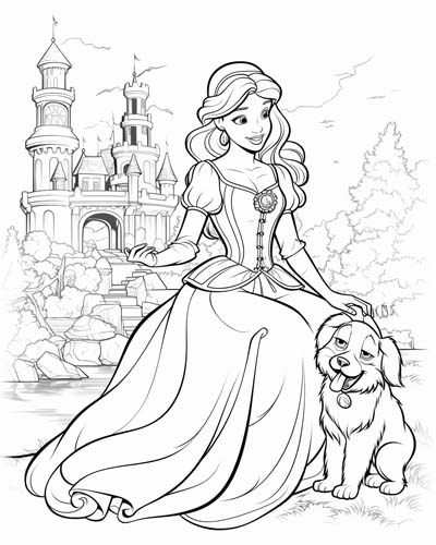 Princess and a dog couple coloring page