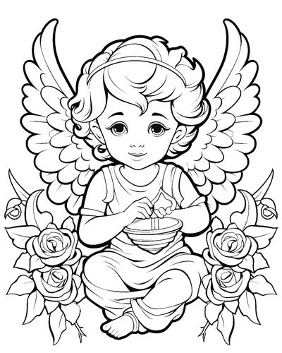 Cupid with roses coloring page