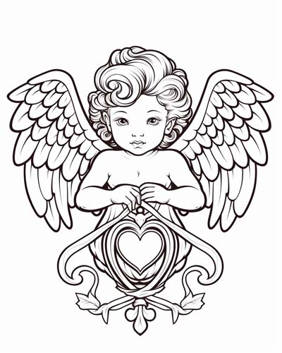Cupid with a heart coloring page