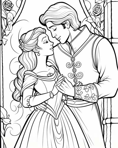 Fairy tale couple love story coloring page