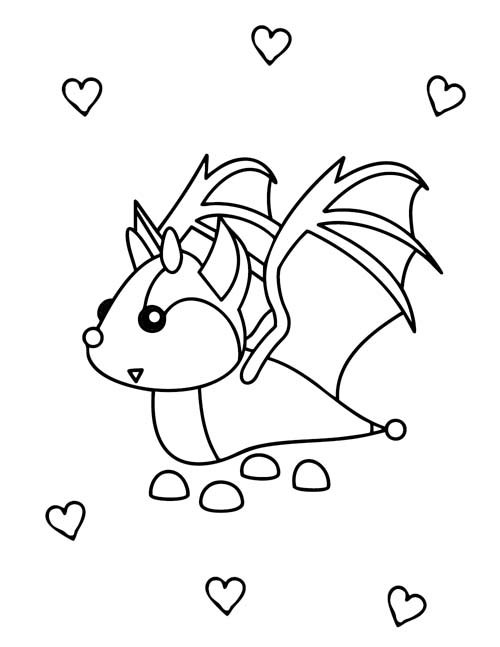 coloring page of a roblox adopt me bat dragon with hearts
