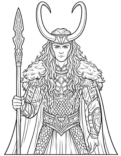 Detailed coloring page of Loki from the waist up, with a horned helmet, a fur-trimmed shoulder mantle, scale armour and an ornate spear