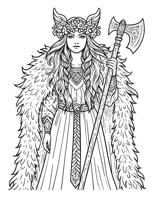 Coloring page of the Valkyrie Brünnhilde in a winged flower crown holding a long-handled axe
