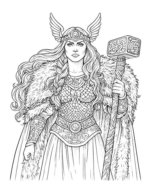 Coloring page of the Valkyrie Brünnhilde in a winged helmet and scale armour holding a hammer
