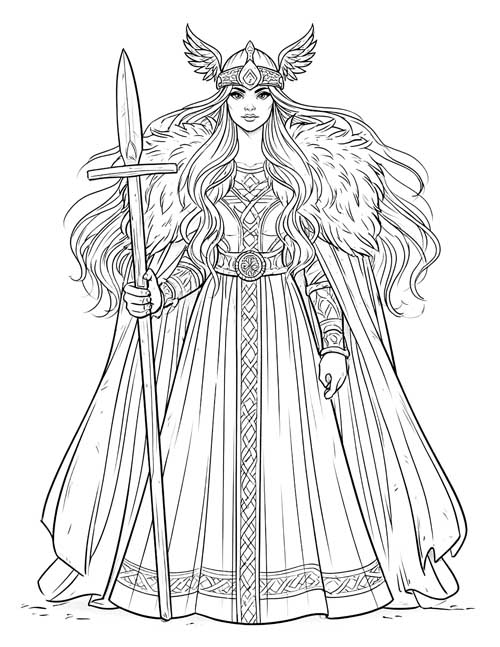Coloring page of the Valkyrie Brünnhilde in a winged helmet and long gown holding a spear