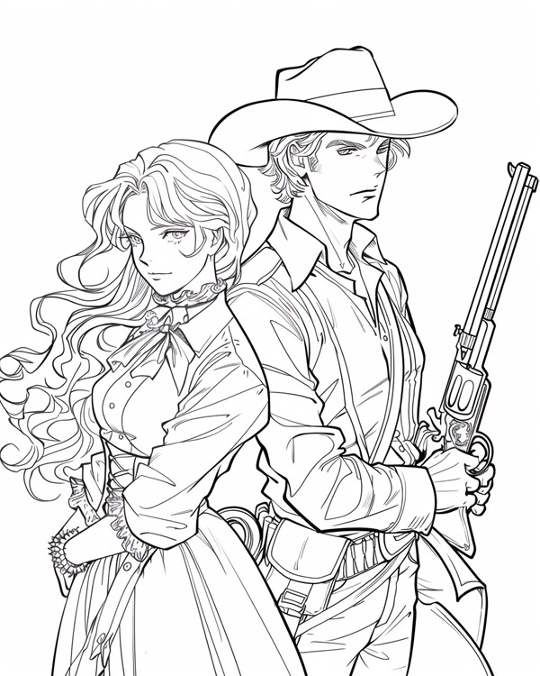 cowgirl and cowboy coloring page