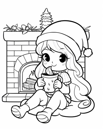 hot chocolate by the fireplace coloring page
