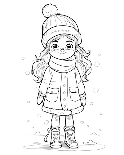 coloring page of a happy girl standing in the snow