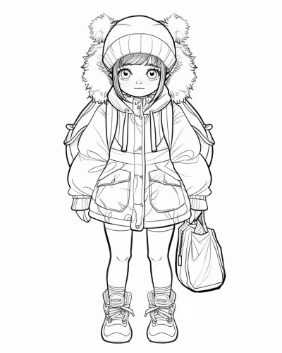 coloring page of a girl dressed up for a walk in the wintertime 