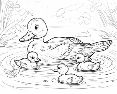 coloring page of a realistic duck and ducklings