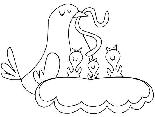 coloring page of a robin feeding a worm to her chicks
