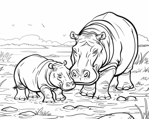 realistic coloring page of a hippo and her calf