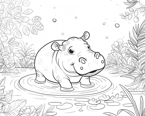 cartoon coloring page of a hippo in a pond