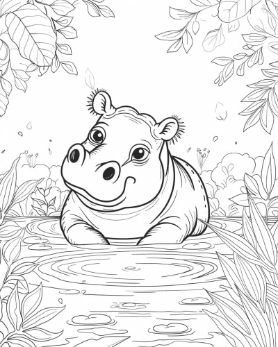 cartoon coloring page of a hippo in a lake