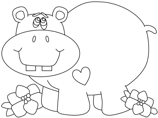 hippopotamus with heart and flowers coloring page