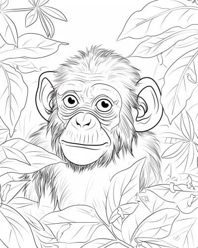 coloring page of a chimpanzee peeking out from the jungle