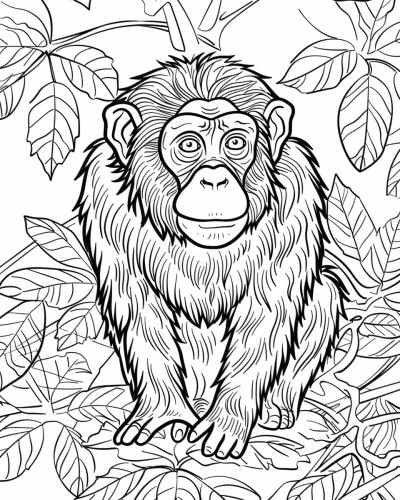 coloring page of a monkey surrounded by leaves