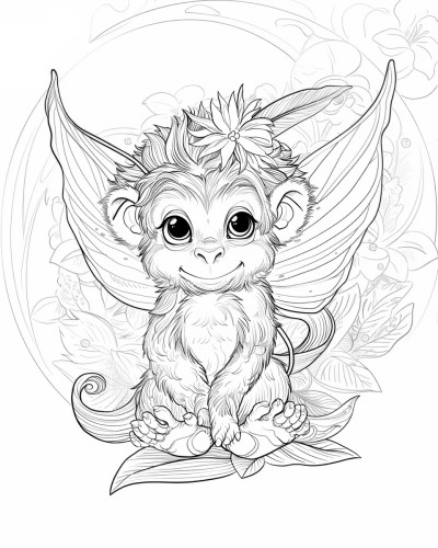 coloring page of a fantasy monkey fairy