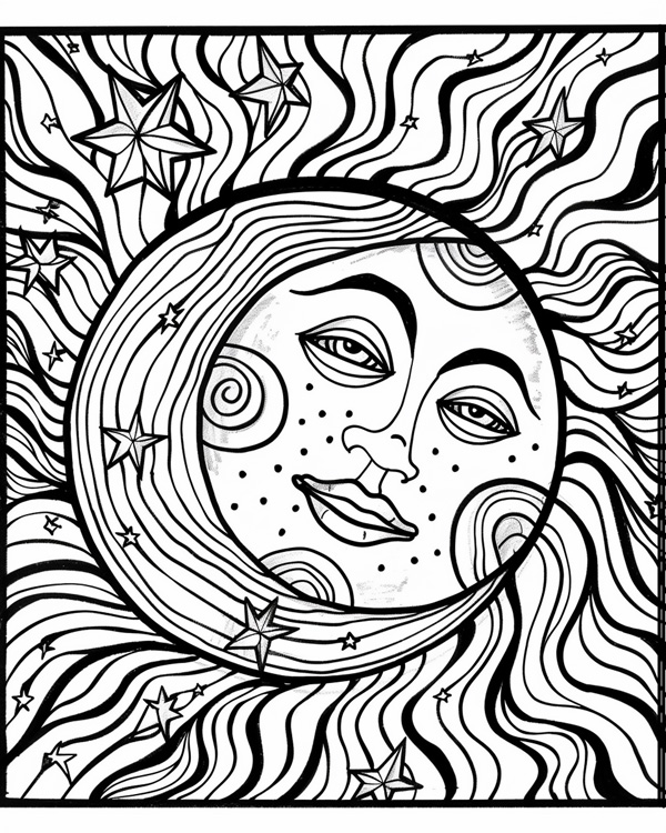 abstract coloring pages - sun, moon and stars