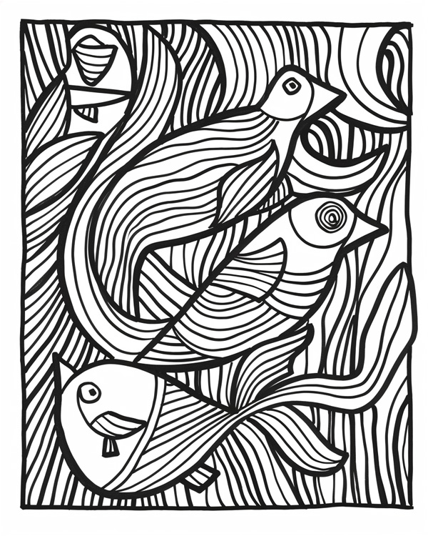abstract coloring pages - fish and birds