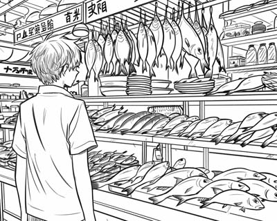 coloring page of a fish market