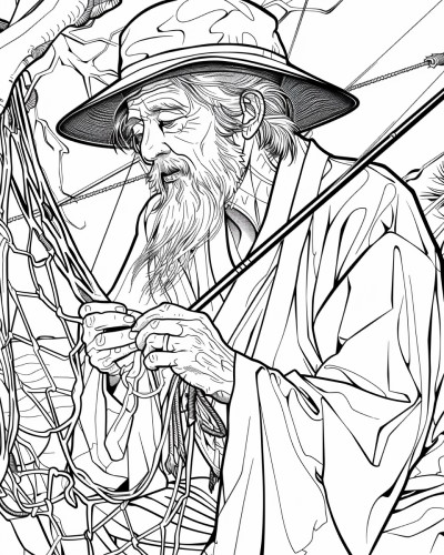 coloring page of a fisherman fixing nets