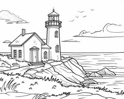 coloring page of a lighthouse on the beach