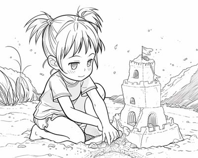 coloring page of a girl building a sand castle