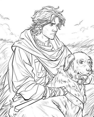 coloring page of Finn and his hunting dog Bran