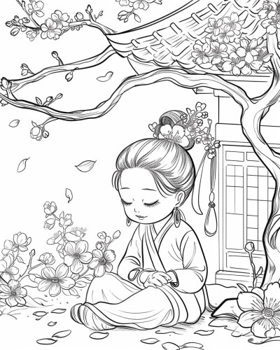 beautiful girl and plum blossoms coloring page
