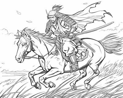 coloring page of a Samurai riding a horse
