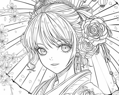 coloring page of a Japanese wagasa