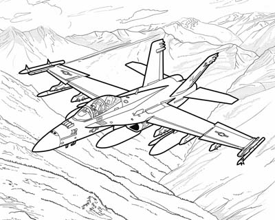 coloring page of a fighter jet flying through the Mach Loop in Wales