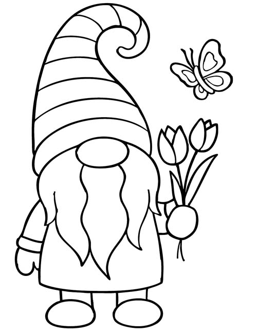 easy preschool coloring page of a cute gnome holding a spring bouquet