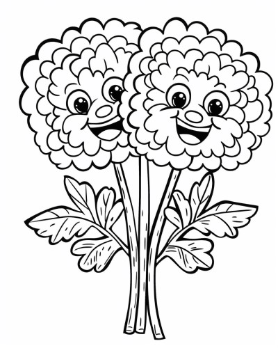 coloring page of chrysanthemums with cartoon faces