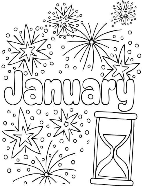 January word art coloring page with new years doodles