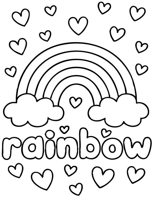 easy vocabulary word coloring page for preschoolers - rainbow and hearts