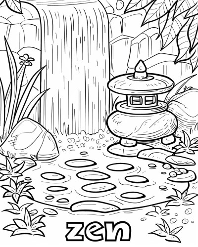 coloring page of a zen garden with label