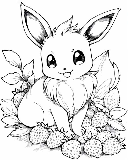 Pokemon Coloring Page of Eevee in the strawberries