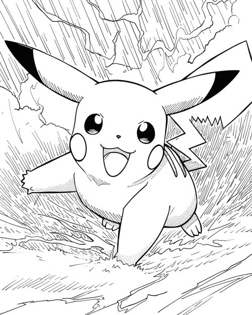 coloring page of Pikachu in a storm