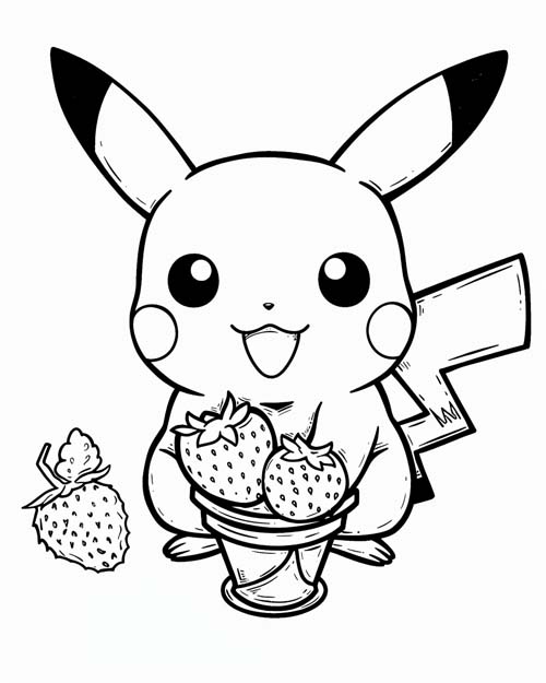 coloring page of pikachu and strawberries