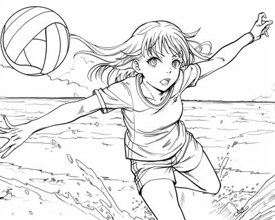 coloring page of a girl playing beach volleyball