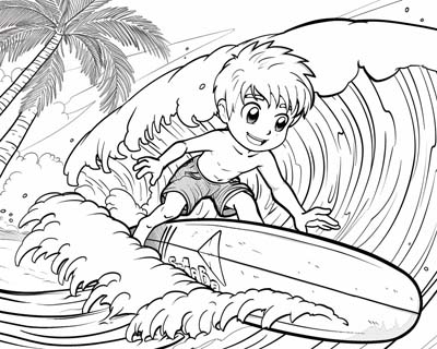 coloring page of a boy surfing
