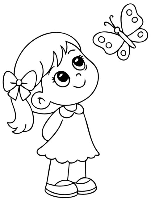 easy coloring page for preschoolers | girl looking up at a butterfly