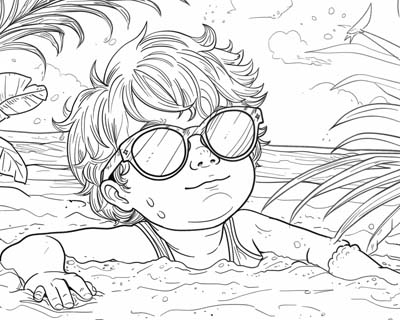 coloring page of a boy buried in the sand