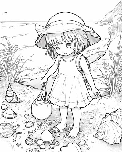 Collecting seashells at the beach coloring page
