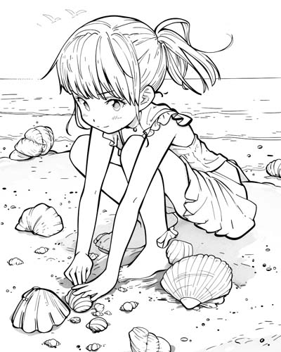 Collecting seashells at the beach coloring page