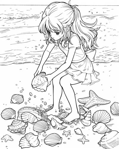 collecting seashells coloring page